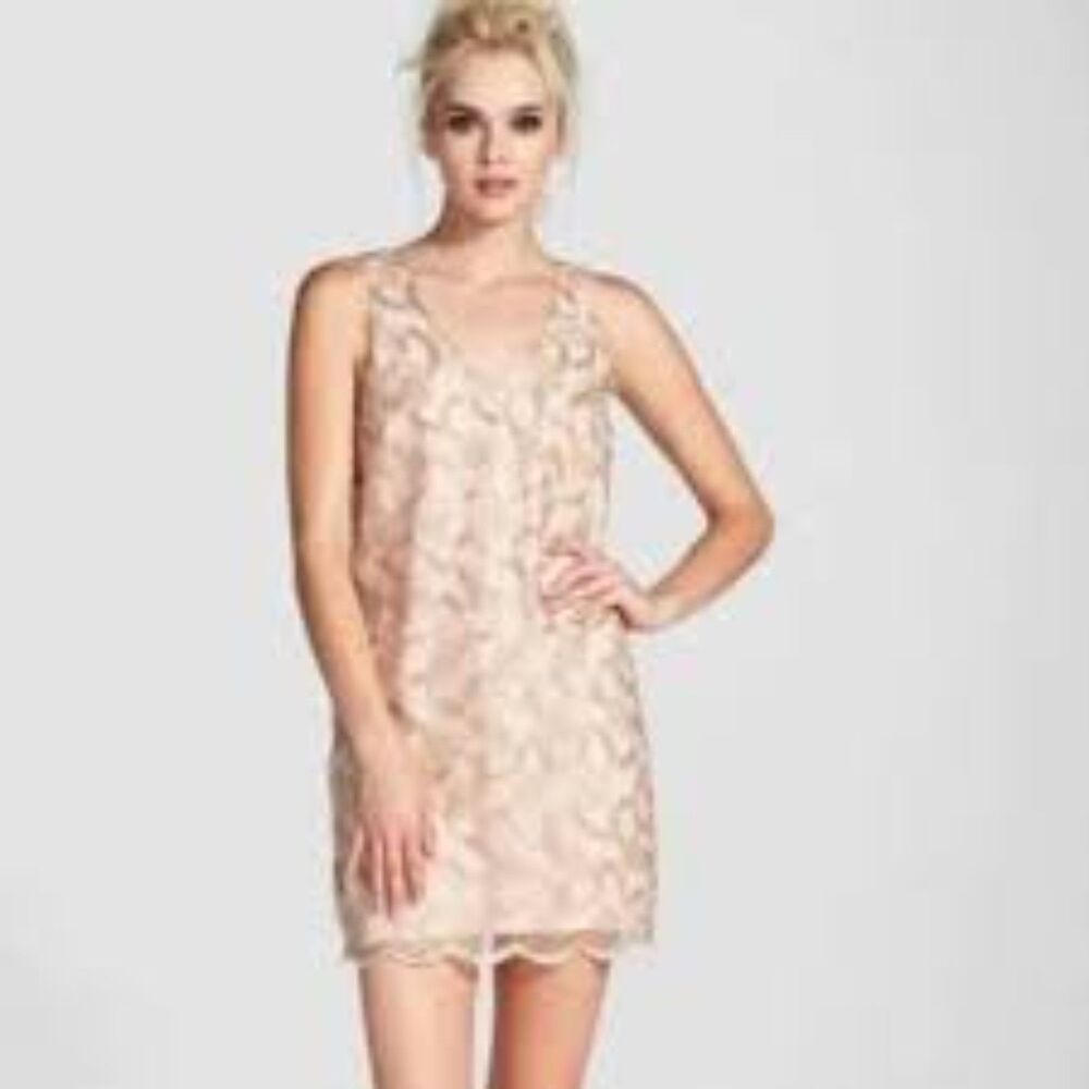 ASTR The Label Pink Gold Embroidered V neck Dress M Silk blend Crisscross Back
